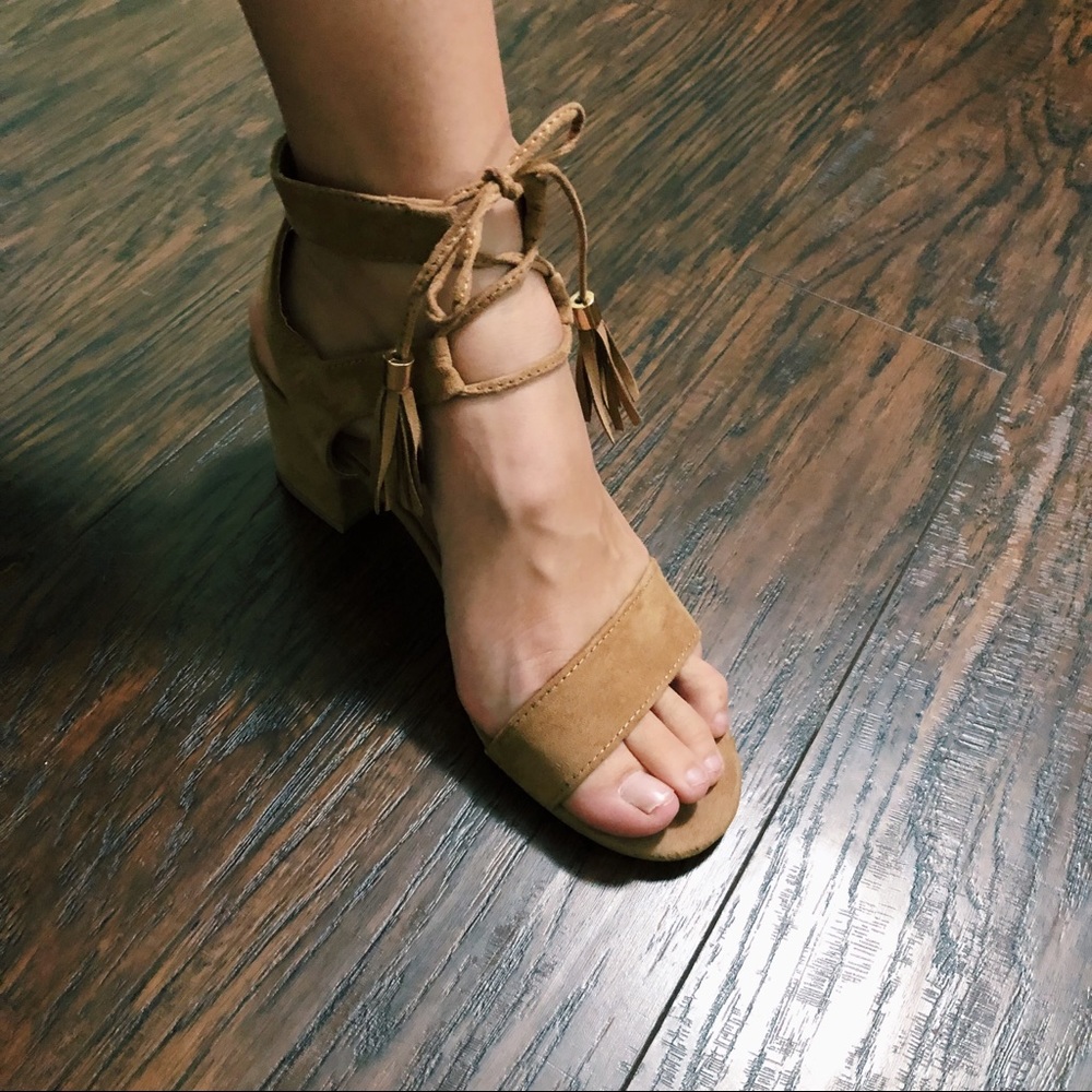 Tan vegan suede lace up heels